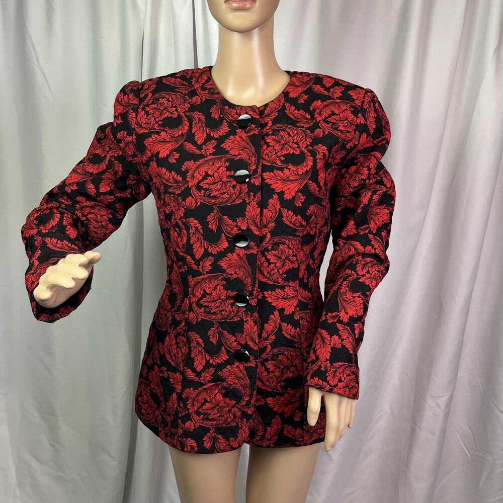 Vintage N.R.1 Blazer Womens Medium Red Floral Jacquard Long Lined Evening